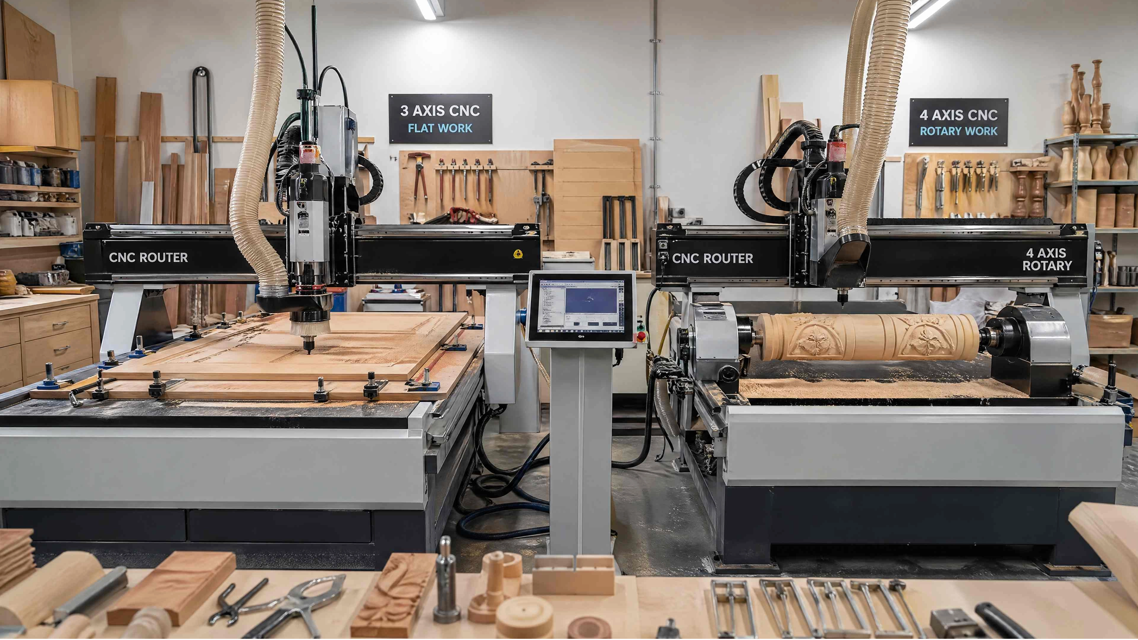 Bộ định tuyến CNC gỗ 3 trục v&agrave; 4 trục: C&aacute;i n&agrave;o tốt hơn cho nh&agrave; m&aacute;y của bạn?